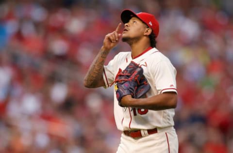 May 20, 2017; St. Louis, MO, USA; St. Louis Cardinals starting pitcher Carlos Martinez (18) gestures skyward after pitching during the sixth inning against the San Francisco Giants at Busch Stadium. Mandatory Credit: Scott Kane-USA TODAY Sports