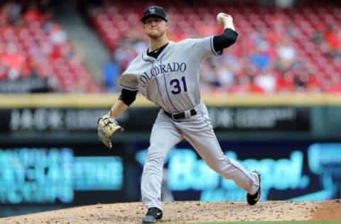 May 21, 2017; Cincinnati, OH, USA; Colorado Rockies starting pitcher Kyle Freeland (31) throws against the Cincinnati Reds in the first inning at Great American Ball Park. Mandatory Credit: Aaron Doster-USA TODAY Sports