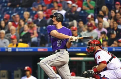 May 22, 2017; Philadelphia, PA, USA; Colorado Rockies second baseman DJ LeMahieu (9) hits an RBI single during the third inning against the Philadelphia Phillies at Citizens Bank Park. Mandatory Credit: Eric Hartline-USA TODAY Sports