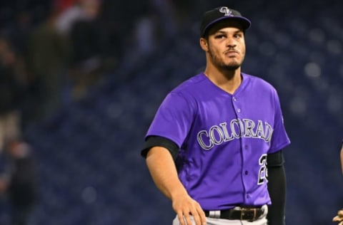 May 22, 2017; Philadelphia, PA, USA; Colorado Rockies third baseman Nolan Arenado (28) walks off the field after win against the Philadelphia Phillies at Citizens Bank Park. The Rockies defeated the Phillies 8-1. Mandatory Credit: Eric Hartline-USA TODAY Sports