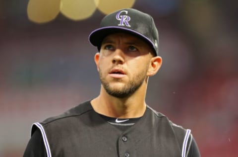 May 19, 2017; Cincinnati, OH, USA; Colorado Rockies starting pitcher Tyler Anderson (44) against the Cincinnati Reds at Great American Ball Park. Mandatory Credit: Aaron Doster-USA TODAY Sports