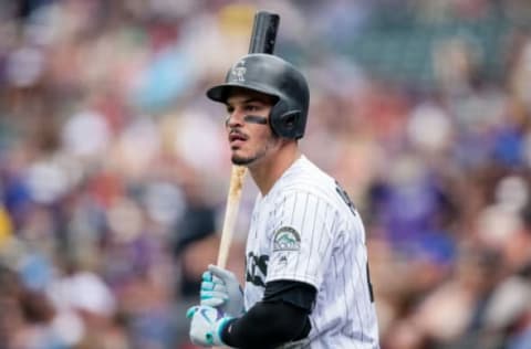 May 29, 2017; Denver, CO, USA; Colorado Rockies third baseman Nolan Arenado (28) in the on deck circle in the first inning against the Seattle Mariners at Coors Field. Mandatory Credit: Isaiah J. Downing-USA TODAY Sports