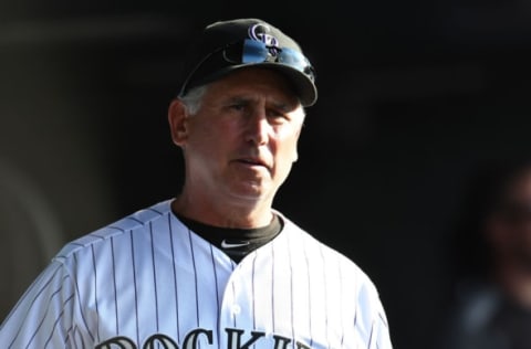 May 30, 2017; Denver, CO, USA; Colorado Rockies manager Bud Black (10) during the sixth inning against the Seattle Mariners at Coors Field. Mandatory Credit: Ron Chenoy-USA TODAY Sports