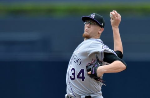 Jun 4, 2017; San Diego, CA, USA; Colorado Rockies starting pitcher Jeff Hoffman pitches during the first inning against the San Diego Padres at Petco Park. Mandatory Credit: Jake Roth-USA TODAY Sports