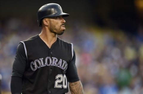 Jun 23, 2017; Los Angeles, CA, USA; Colorado Rockies first baseman Ian Desmond (20) in action against the Los Angeles Dodgers during the first inning at Dodger Stadium. Mandatory Credit: Kelvin Kuo-USA TODAY Sports