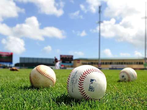 Mar 5, 2015; Jupiter, FL, USA; A general view of baseballs on the field at Roger Dean Stadium prior to a game between the St. Louis Cardinals and Miami Marlins. Mandatory Credit: Steve Mitchell-USA TODAY Sports