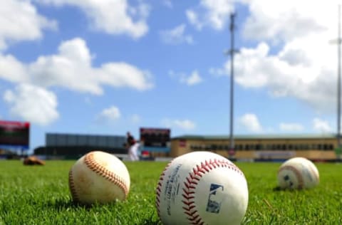 Mar 5, 2015; Jupiter, FL, USA; A general view of baseballs on the field at Roger Dean Stadium prior to a game between the St. Louis Cardinals and Miami Marlins. Mandatory Credit: Steve Mitchell-USA TODAY Sports