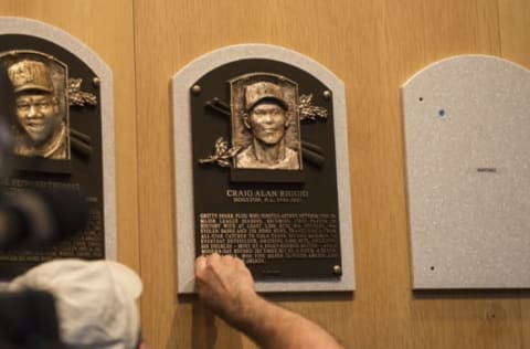 Jul 26, 2015; Cooperstown, NY, USA; Hall of Fame Inductee Craig Biggio’s Hall of Fame plague is installed in the National Baseball Hall of Fame. Mandatory Credit: Gregory J. Fisher-USA TODAY Sports