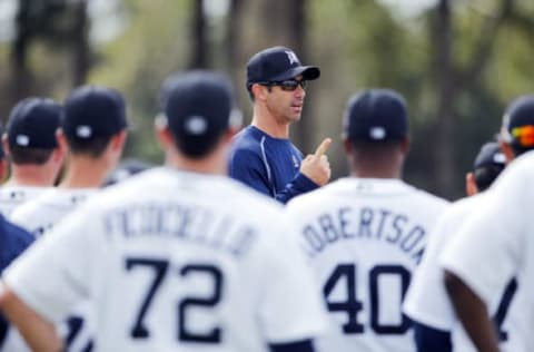 Feb 23, 2016; Lakeland, FL, USA; Detroit Tigers manager Brad Ausmus (7) talks to his players during the Detroit Tigers spring training camp at Joker Merchant Stadium. Mandatory Credit: Reinhold Matay-USA TODAY Sports