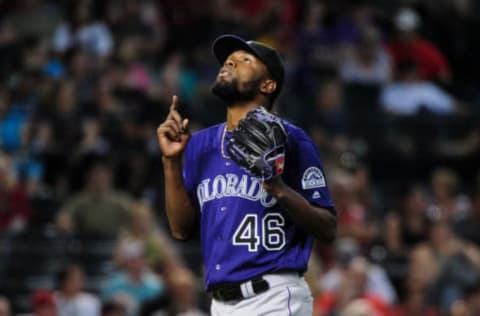 Apr 6, 2016; Phoenix, AZ, USA; Colorado Rockies relief pitcher Miguel Castro (46) reacts after being pulled during the seventh inning against the Arizona Diamondbacks at Chase Field. Mandatory Credit: Matt Kartozian-USA TODAY Sports