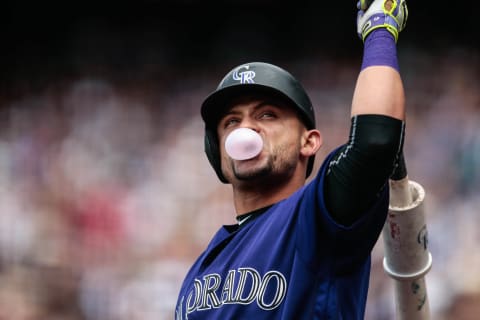 Sep 4, 2016; Denver, CO, USA; Colorado Rockies first baseman Gerardo Parra (8) in the first inning against the Arizona Diamondbacks at Coors Field. Mandatory Credit: Isaiah J. Downing-USA TODAY Sports