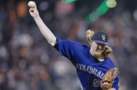 Sep 29, 2016; San Francisco, CA, USA; Colorado Rockies starting pitcher Jon Gray (55) delivers a pitch against the San Francisco Giants during the first inning at AT&T Park. Mandatory Credit: Neville E. Guard-USA TODAY Sports