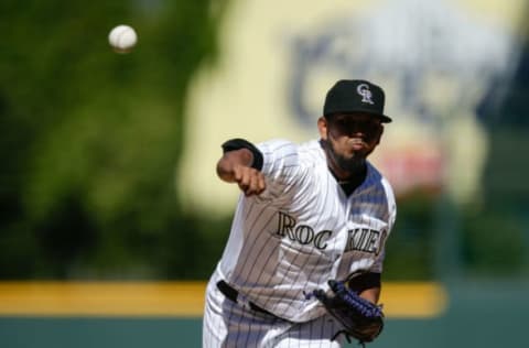 Oct 2, 2016; Denver, CO, USA; Colorado Rockies starting pitcher German Marquez (67) delivers a pitch in the first inning against the Milwaukee Brewers at Coors Field. Mandatory Credit: Isaiah J. Downing-USA TODAY Sports