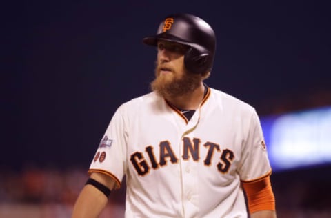 Oct 10, 2016; San Francisco, CA, USA; San Francisco Giants right fielder Hunter Pence (8) reacts after striking out during the first inning against the Chicago Cubs during game three of the 2016 NLDS playoff baseball series at AT&T Park. Mandatory Credit: Kelley L Cox-USA TODAY Sports