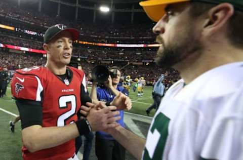 Jan 22, 2017; Atlanta, GA, USA; Atlanta Falcons quarterback Matt Ryan (2) greets Green Bay Packers quarterback Aaron Rodgers (12) after the game in the 2017 NFC Championship Game at the Georgia Dome. Atlanta defeated Green Bay 44-21. Mandatory Credit: Jason Getz-USA TODAY Sports