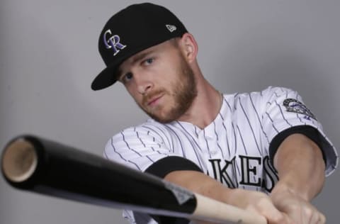 Feb 23, 2017; Scottsdale, AZ, USA; Colorado Rockies shortstop Trevor Story (27) poses for photos during photo day at Salt River Fields at Talking Stick. Mandatory Credit: Rick Scuteri-USA TODAY Sports