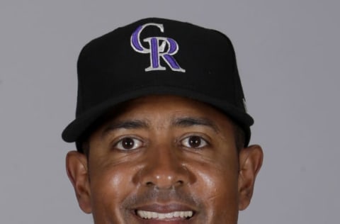 Feb 23, 2017; Scottsdale, AZ, USA; Colorado Rockies first base coach Tony Diaz (37) poses for photos during photo day at Salt River Fields at Talking Stick. Mandatory Credit: Rick Scuteri-USA TODAY Sports