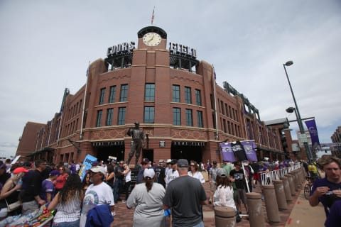 Apr 7, 2017; Denver, CO, USA; Fans walk around outside of Coors Field before the game between the Colorado Rockies and the Los Angeles Dodgers. Mandatory Credit: Chris Humphreys-USA TODAY Sports