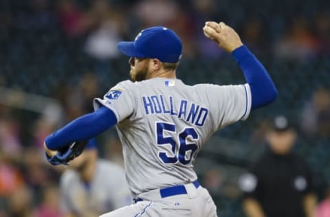 Sep 18, 2015; Detroit, MI, USA; Kansas City Royals relief pitcher Greg Holland (56) pitches 12th inning against the Detroit Tigers at Comerica Park. Detroit won 5-4 in twelve innings. Mandatory Credit: Rick Osentoski-USA TODAY Sports