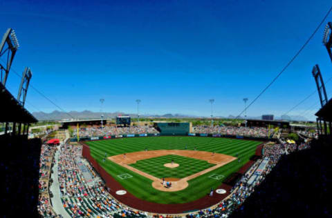 Mar 20, 2016; Salt River Pima-Maricopa, AZ, USA; General view of the game between the Colorado Rockies and the San Francisco Giants at Salt River Fields at Talking Stick. Mandatory Credit: Matt Kartozian-USA TODAY Sports