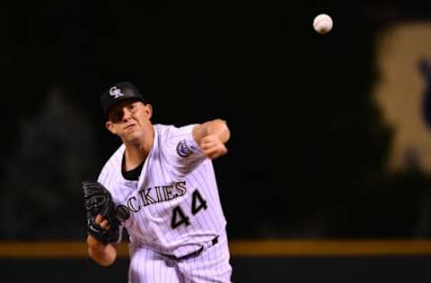 Aug 19, 2016; Denver, CO, USA; Colorado Rockies starting pitcher Tyler Anderson (44) delivers a pitch against the Chicago Cubs at Coors Field. Mandatory Credit: Ron Chenoy-USA TODAY Sports