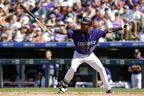 Sep 4, 2016; Denver, CO, USA; Colorado Rockies center fielder Raimel Tapia (68) in the batters box in the third inning against the Arizona Diamondbacks at Coors Field. The Diamondbacks defeated the Rockies 8-5. Mandatory Credit: Isaiah J. Downing-USA TODAY Sports