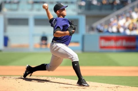 September 25, 2016; Los Angeles, CA, USA; Colorado Rockies starting pitcher Tyler Anderson (44) throws in the second inning against the Los Angeles Dodgers at Dodger Stadium. Mandatory Credit: Gary A. Vasquez-USA TODAY Sports