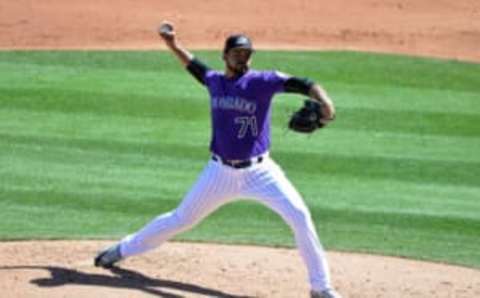 Mar 13, 2017; Salt River Pima-Maricopa, AZ, USA; Colorado Rockies starting pitcher Antonio Senzatela (71) throws in the third inning against the Kansas City Royals during a spring training game at Salt River Fields at Talking Stick. Mandatory Credit: Matt Kartozian-USA TODAY Sports