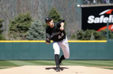 Apr 9, 2017; Denver, CO, USA; Colorado Rockies starting pitcher Tyler Anderson (44) delivers a pitch in the first inning against the Los Angeles Dodgers at Coors Field. Mandatory Credit: Isaiah J. Downing-USA TODAY Sports