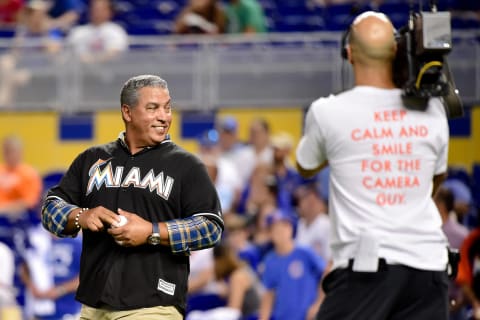 Jun 24, 2016; Miami, FL, USA; Florida Marlins former player Andres Galarraga smiles before throwing out the ceremonial pitch before a game between the Chicago Cubs and the Miami Marlins at Marlins Park. Mandatory Credit: Steve Mitchell-USA TODAY Sports