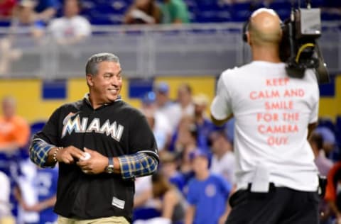 Jun 24, 2016; Miami, FL, USA; Florida Marlins former player Andres Galarraga smiles before throwing out the ceremonial pitch before a game between the Chicago Cubs and the Miami Marlins at Marlins Park. Mandatory Credit: Steve Mitchell-USA TODAY Sports