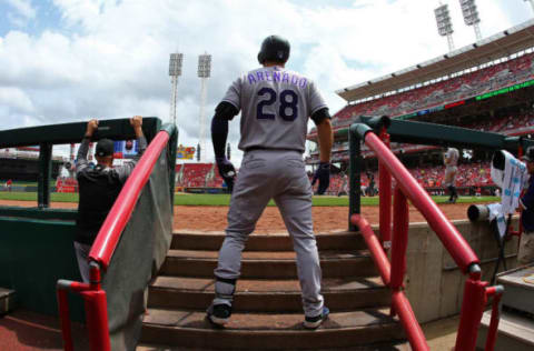 May 21, 2017; Cincinnati, OH, USA; Colorado Rockies third baseman Nolan Arenado (28) against the Cincinnati Reds at Great American Ball Park. Mandatory Credit: Aaron Doster-USA TODAY Sports