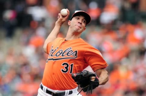 Jun 28, 2015; Baltimore, MD, USA; Baltimore Orioles pitcher Ubaldo Jimenez (31) throws a pitch during the game against the Cleveland Indians at Oriole Park at Camden Yards. Mandatory Credit: Evan Habeeb-USA TODAY Sports