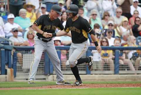 Mar 23, 2015; Port Charlotte, FL, USA; Pittsburgh Pirates catcher Francisco Cervelli (29) is congratulated by third base coach Rick Sofield (41) as he runs around the bases as he hit a home run during the fourth inning against the Tampa Bay Rays at Charlotte Sports Park. Mandatory Credit: Kim Klement-USA TODAY Sports