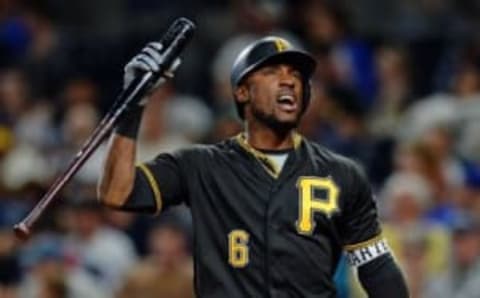 Starling Marte strikes out and leaves more runners on base against the Padres; Mandatory Credit: Jake Roth-USA TODAY Sports