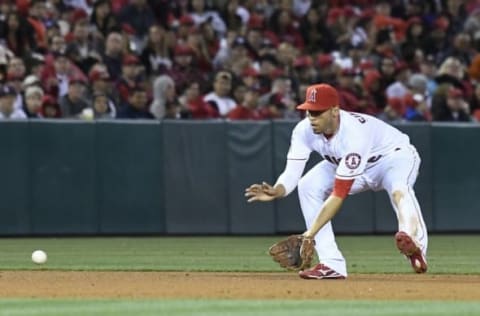 May 6, 2016; Anaheim, CA, USA; Los Angeles Angels shortstop Andrelton Simmons (2) fields the ball during the seventh inning against the Tampa Bay Rays at Angel Stadium of Anaheim. Mandatory Credit: Richard Mackson-USA TODAY Sports