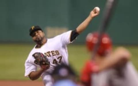 Apr 30, 2016; Pittsburgh, PA, USA; Pittsburgh Pirates starting pitcher Francisco Liriano (47) pitches against Cincinnati Reds right fielder Jay Bruce (32) during the second inning at PNC Park. Mandatory Credit: Charles LeClaire-USA TODAY Sports