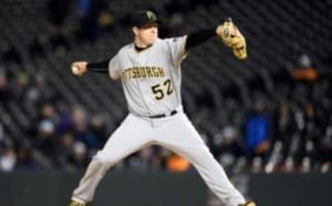 Apr 26, 2016; Denver, CO, USA; Pittsburgh Pirates relief pitcher Rob Scahill (52) delivers a pitch in the ninth inning against the Colorado Rockies at Coors Field. The Pirates defeated the Rockies 9-4. Mandatory Credit: Ron Chenoy-USA TODAY Sports