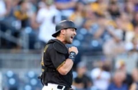 Jul 20, 2016; Pittsburgh, PA, USA; Pittsburgh Pirates catcher Francisco Cervelli (29) reacts after the Pirates turn a double play against the Milwaukee Brewers during the first inning at PNC Park. Mandatory Credit: Charles LeClaire-USA TODAY Sports