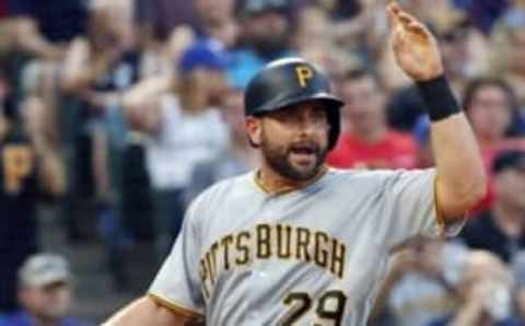 May 28, 2016; Arlington, TX, USA; Pittsburgh Pirates catcher Francisco Cervelli (29) reacts after scoring a run in the fifth inning against the Texas Rangers at Globe Life Park in Arlington. Mandatory Credit: Tim Heitman-USA TODAY Sports