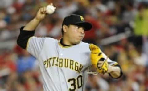 Aug 15, 2014; Washington, DC, USA; Pittsburgh Pirates relief pitcher Jeanmar Gomez (30) throws to the Washington Nationals during the fourth inning at Nationals Park. Mandatory Credit: Brad Mills-USA TODAY Sports