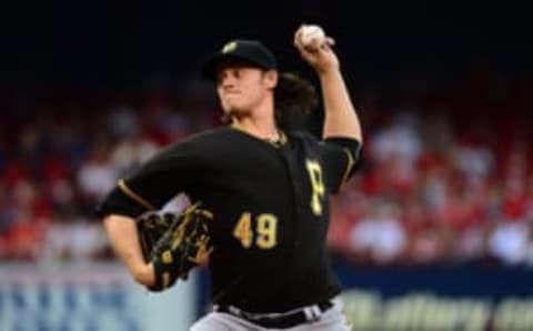 Jul 6, 2016; St. Louis, MO, USA; Pittsburgh Pirates starting pitcher Jeff Locke (49) pitches to a St. Louis Cardinals batter during the first inning at Busch Stadium. Mandatory Credit: Jeff Curry-USA TODAY Sports