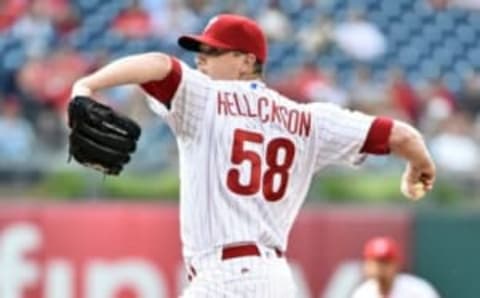 Jun 15, 2016; Philadelphia, PA, USA; Philadelphia Phillies starting pitcher Jeremy Hellickson (58) throws a pitch during the first inning against the Toronto Blue Jays at Citizens Bank Park. Mandatory Credit: Eric Hartline-USA TODAY Sports