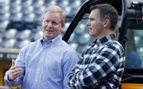 Sep 18, 2014; Pittsburgh, PA, USA; Pittsburgh Pirates general manager Neal Huntington (left) talks with Boston Red Sox general manager Ben Cherington (right) on the field before the Pirates host the Red Sox at PNC Park. Mandatory Credit: Charles LeClaire-USA TODAY Sports