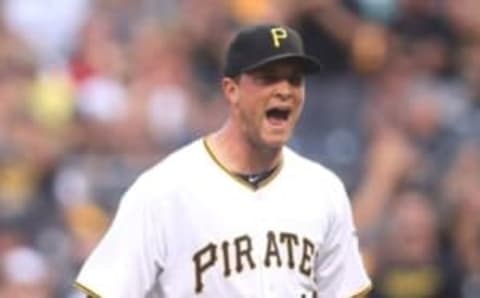 Jun 13, 2015; Pittsburgh, PA, USA; Pittsburgh Pirates relief pitcher Tony Watson (44) reacts after pitching out of a base loaded jam against the Philadelphia Phillies during the eighth inning at PNC Park. The Pirates won 4-3. Mandatory Credit: Charles LeClaire-USA TODAY Sports