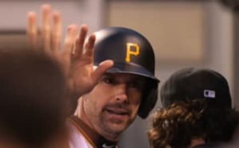 Jun 7, 2016; Pittsburgh, PA, USA; Pittsburgh Pirates catcher Chris Stewart (19) high fives teammates in the dugout after scoring a run against the New York Mets during the fifth inning in game two of a double header at PNC Park. Mandatory Credit: Charles LeClaire-USA TODAY Sports