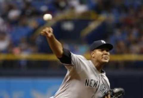 Jul 29, 2016; St. Petersburg, FL, USA; New York Yankees starting pitcher Ivan Nova (47) throws a pitch during the third inning against the Tampa Bay Rays at Tropicana Field. Mandatory Credit: Kim Klement-USA TODAY Sports