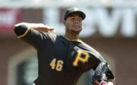 Aug 17, 2016; San Francisco, CA, USA; Pittsburgh Pirates starting pitcher Ivan Nova (46) throws a pitch during the first inning against the San Francisco Giants at AT&T Park. Mandatory Credit: Kenny Karst-USA TODAY Sports