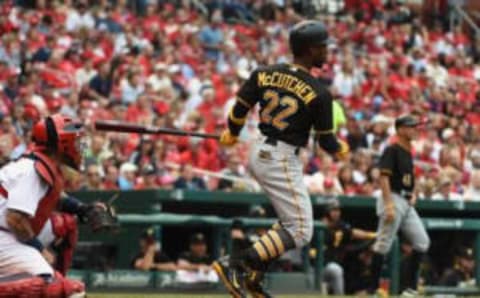 Oct 2, 2016; St. Louis, MO, USA; Pittsburgh Pirates center fielder Andrew McCutchen (22) hits a two run single off of St. Louis Cardinals starting pitcher Adam Wainwright (not pictured) during the fifth inning at Busch Stadium. Mandatory Credit: Jeff Curry-USA TODAY Sports