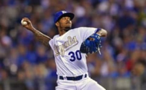 Sep 30, 2016; Kansas City, MO, USA; Kansas City Royals pitcher Yordano Ventura (30) delivers a pitch against the Cleveland Indians during the second inning at Kauffman Stadium. Mandatory Credit: Peter G. Aiken-USA TODAY Sports